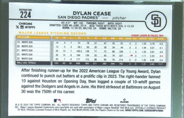 2024 Topps Chrome Dylan Cease Refractors #224 Padres - Image 3