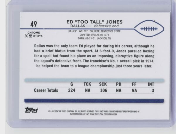 2024 Topps Chrome Ed "Too Tall" Jones X Fractor #49 Cowboys - Image 3