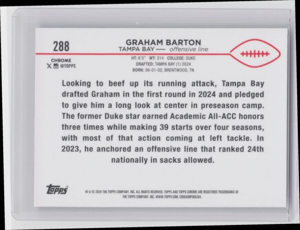 2024 Topps Chrome Graham Barton RC 288 Buccaneers - Image 3