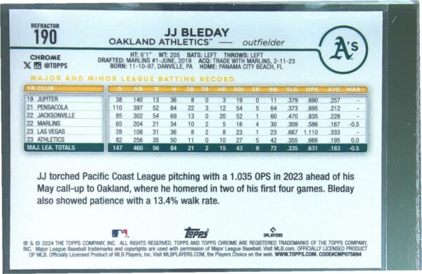 2024 Topps Chrome JJ Bleday Refractors #190 Athletics - Image 3