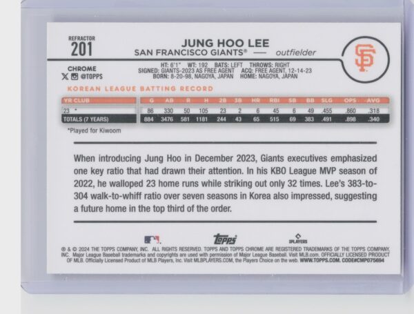 2024 Topps Chrome Jung Hoo Lee Refractors #201 Giants - Image 3
