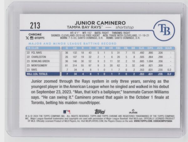 2024 Topps Chrome Junior Caminero RC #213 Rays - Image 3