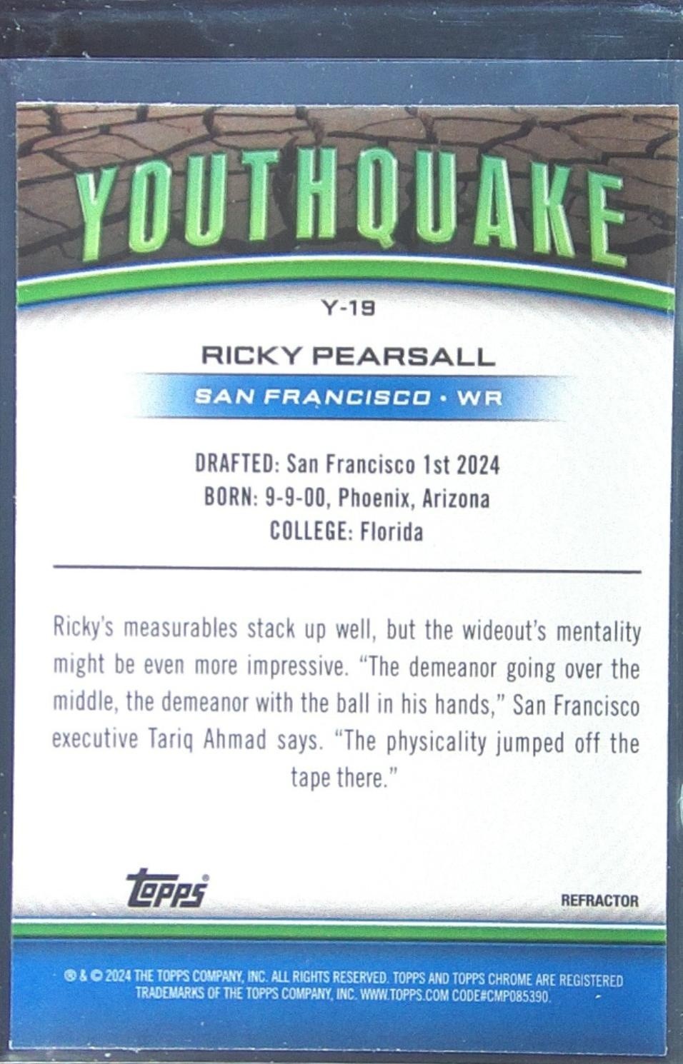 2024 Topps Chrome Ricky Pearsall RC #Y-19 49ers Youthquake Refractor - Image 3