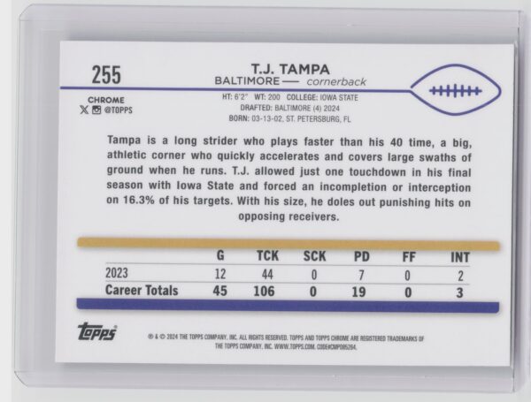 2024 Topps Chrome T.J. Tampa RC 255 Ravens - Image 3