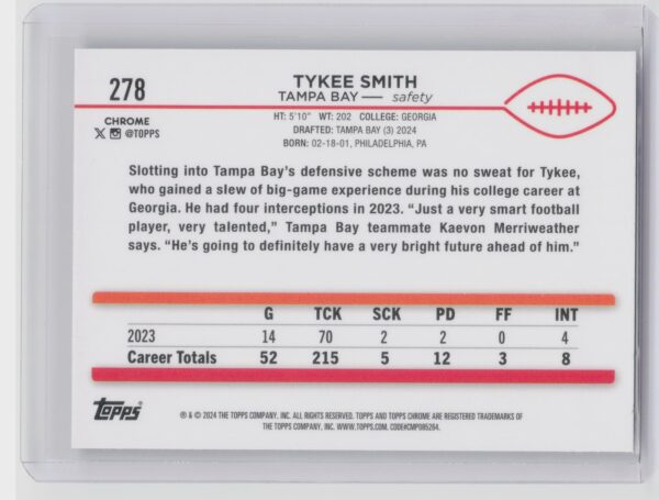 2024 Topps Chrome Tykee Smith RC 278 Buccaneers - Image 3