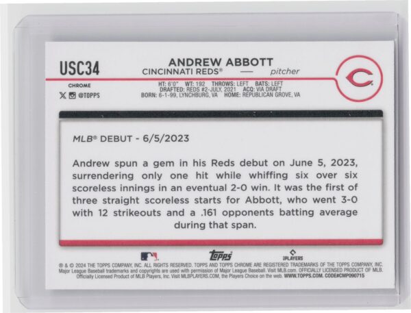 2024 Topps Chrome Update Andrew Abbott X Fractors RC #USC34 Reds - Image 3