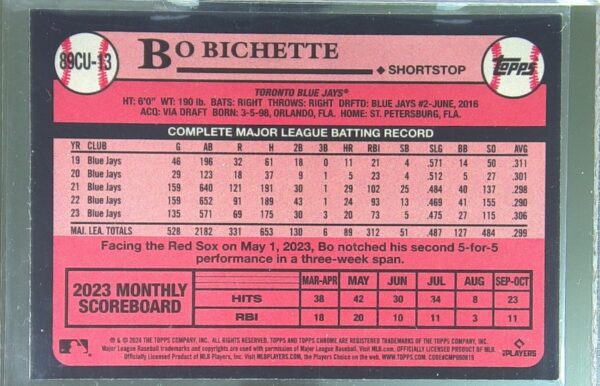2024 Topps Chrome Update Bo Bichette #89CU-13 Jays 1989 Topps 35th Anniversary - Image 3