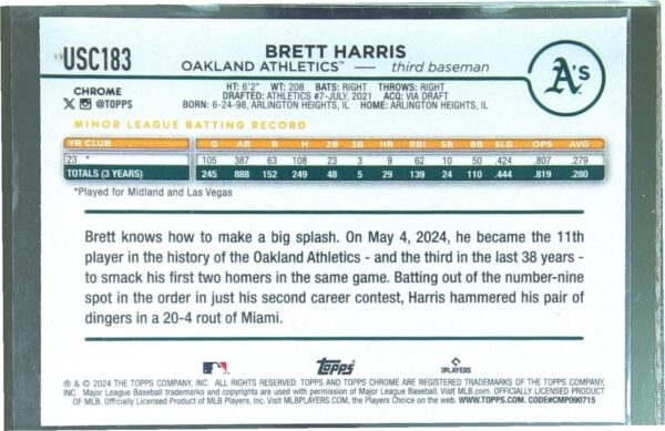 2024 Topps Chrome Update Brett Harris X Fractors RC #USC183 Athletics - Image 3