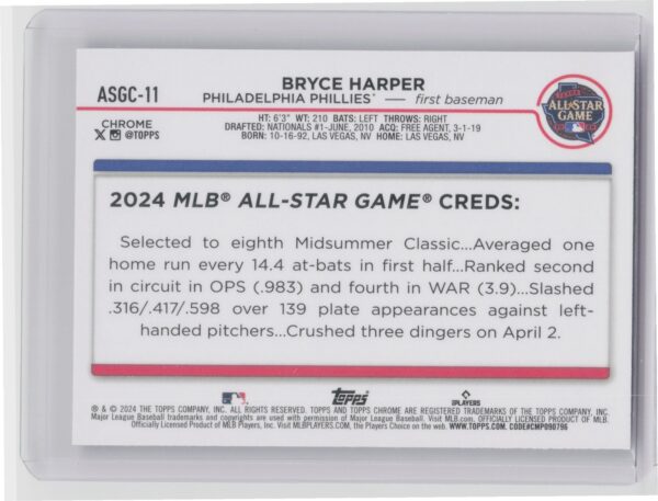 2024 Topps Chrome Update Bryce Harper #ASGC-11 Phillies 2024 All Star Game - Image 3