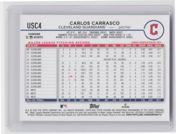 2024 Topps Chrome Update Carlos Carrasco X Fractors #USC4 Guardians - Image 3