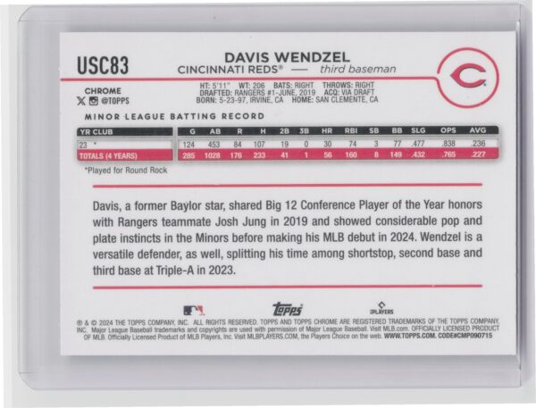 2024 Topps Chrome Update Davis Wendzel X Fractors RC #USC83 Reds - Image 3