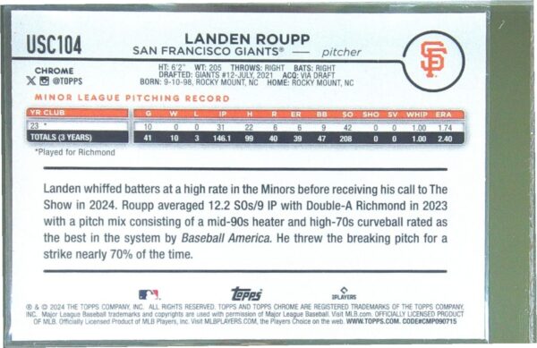 2024 Topps Chrome Update Landen Roupp Magenta Refractors /399 RC #USC104 Giants - Image 3