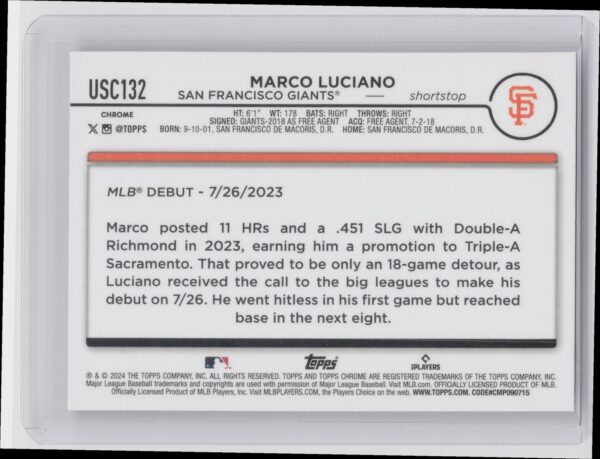 2024 Topps Chrome Update Marco Luciano RC #USC132 Giants - Image 3
