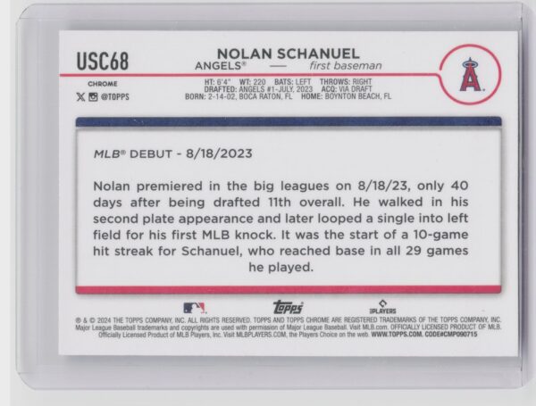 2024 Topps Chrome Update Nolan Schanuel RC X Fractors #USC68 Angels - Image 3