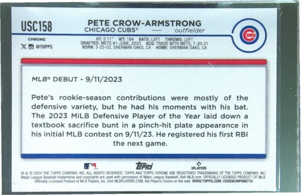 2024 Topps Chrome Update Pete Crow-Armstrong RayWave Refractors RC #USC158 Cubs - Image 3