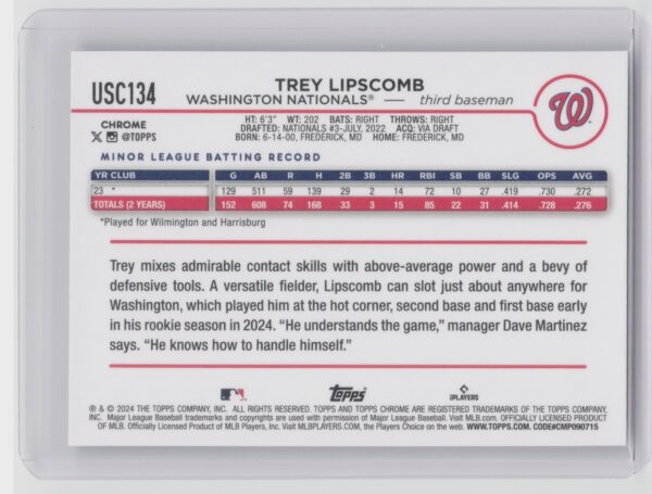 2024 Topps Chrome Update Trey Lipscomb RC #USC134 Nationals - Image 3