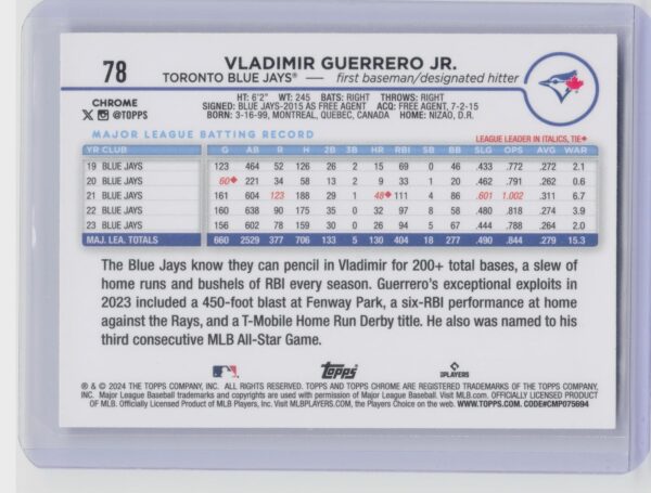 2024 Topps Chrome Vladimir Guerrero Jr. Prism Refractors #78 Jays - Image 3