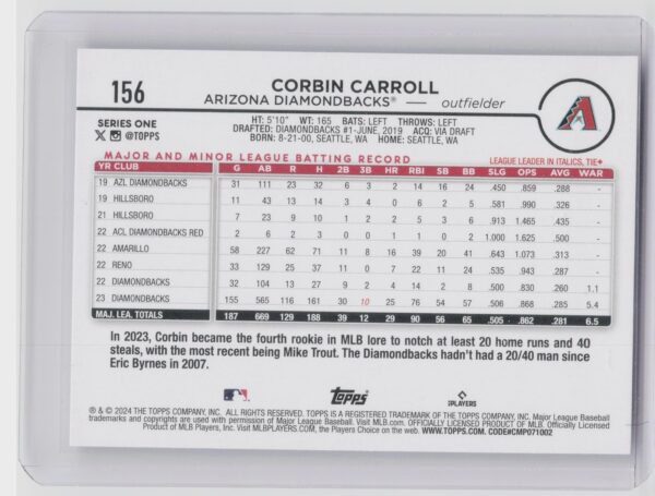 2024 Topps Corbin Carroll #156 Diamondbacks - Image 3
