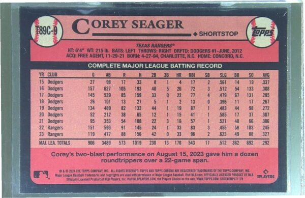 2024 Topps Corey Seager #T89C-9 Rangers 1989 Topps 35th Anniversary Mojo - Image 3