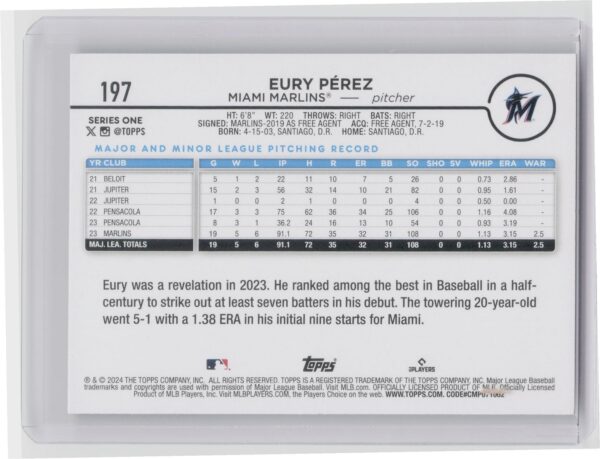2024 Topps Eury Perez Future Stars #197 Marlins - Image 3