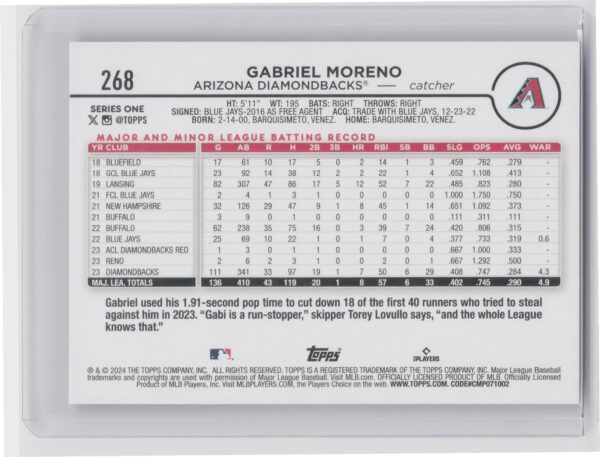 2024 Topps Gabriel Moreno Future Starsl #268 Diamondbacks - Image 3
