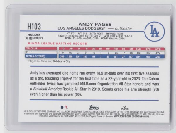 2024 Topps Holiday Andy Pages RC #H103 Dodgers - Image 3