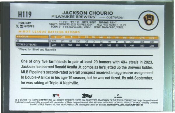 2024 Topps Holiday Jackson Chourio RC #H119 Brewers - Image 3