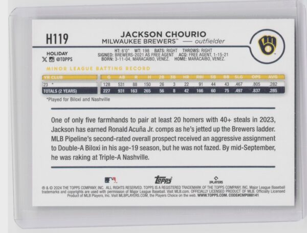 2024 Topps Holiday Jackson Chourio RC #H119 Brewers - Image 3