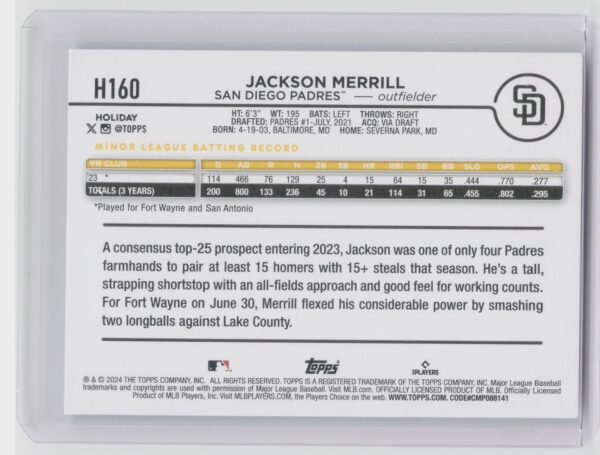 2024 Topps Holiday Jackson Merrill #H160 Padres - Image 3