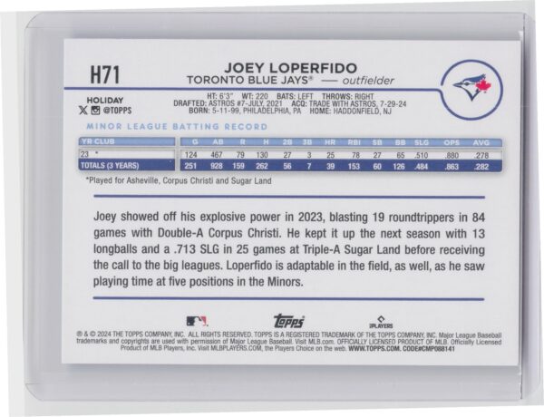 `2024 Topps Holiday Joey Loperfido H71 Blue Jays - Image 3