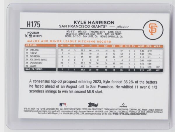 2024 Topps Holiday Kyle Harrison Rookie H175 Giants - Image 3