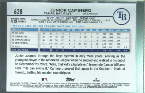2024 Topps Junior Caminero RC #628 Rays - Image 3