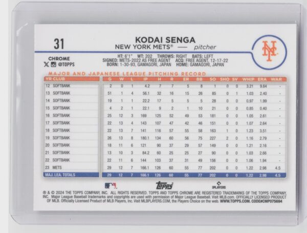 2024 Topps Kodai Senga #292 Mets - Image 3
