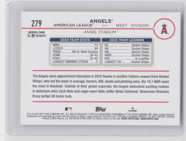 2024 Topps Los Angeles Angels Yellow #279 Angels - Image 3