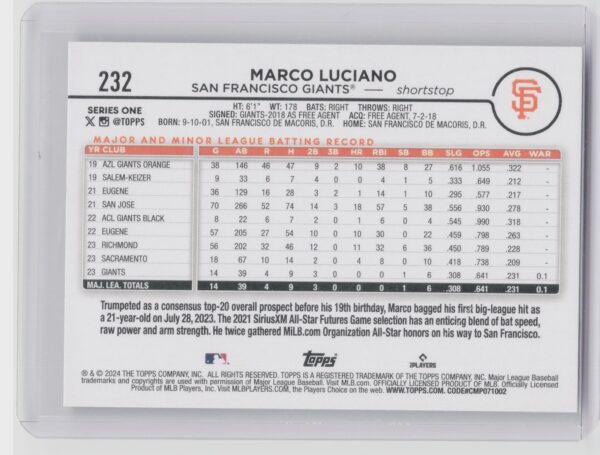 2024 Topps Marco Luciano Rookie RC #232 Giants - Image 3