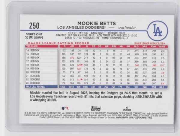 2024 Topps Mookie Betts #250 Dodgers - Image 3