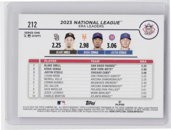 2024 Topps National League Leaders ERA (Snell / Senga / Steel Eggs Parallel - Image 3