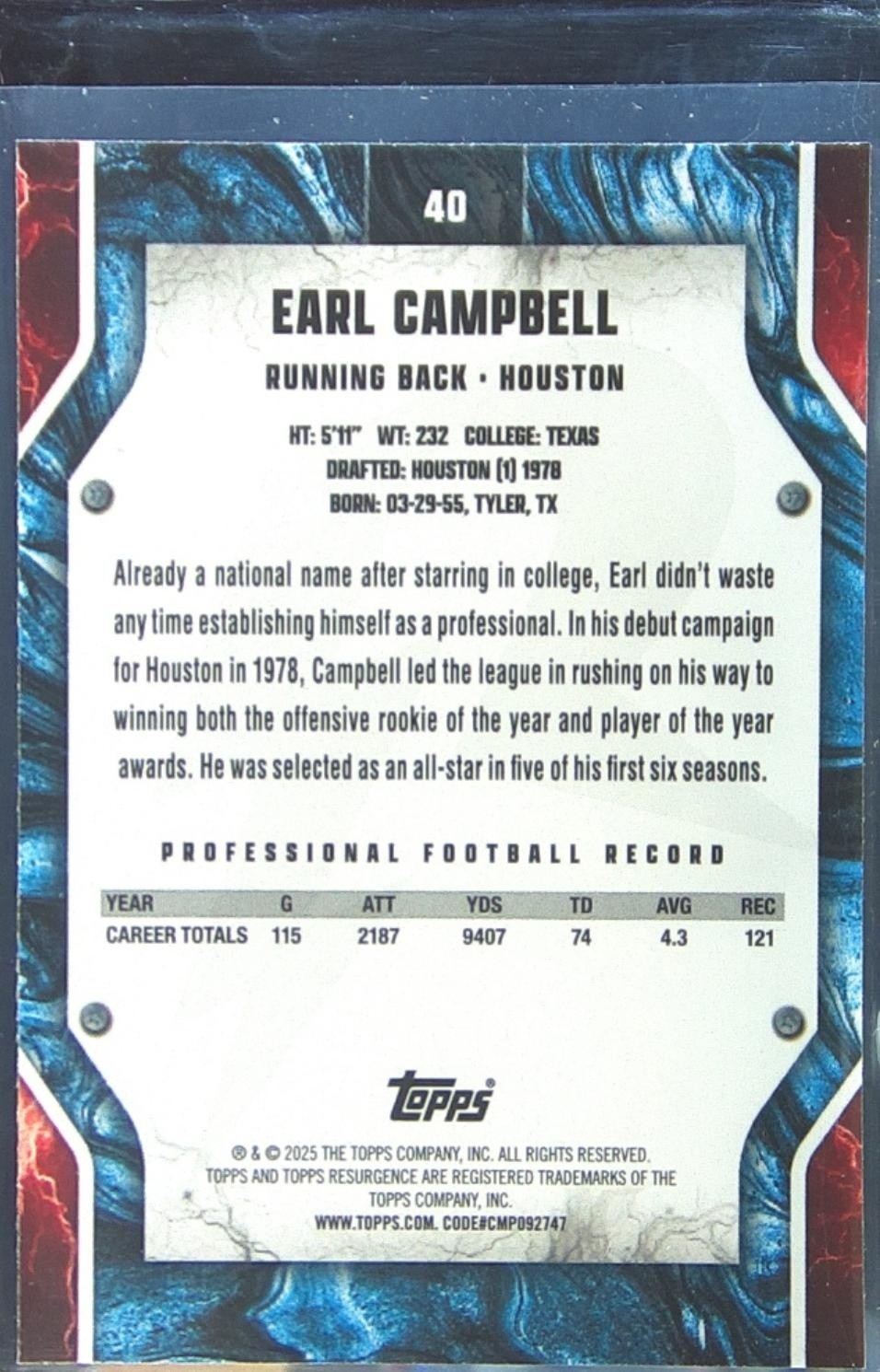 2024 Topps Resurgence Earl Campbell Blue & Orange Spark #40 Oilers - Image 3