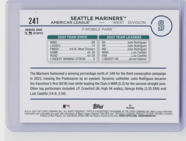 2024 Topps Seattle Mariners Holiday #241 Mariners - Image 3