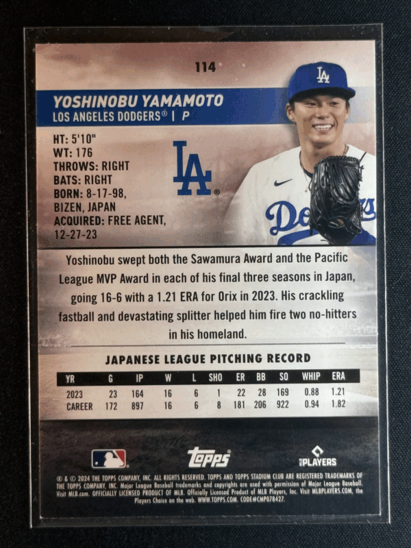 2024 Topps Stadium Club Yoshinobu Yamamoto Rookie RC Dodgers #114 - Image 3