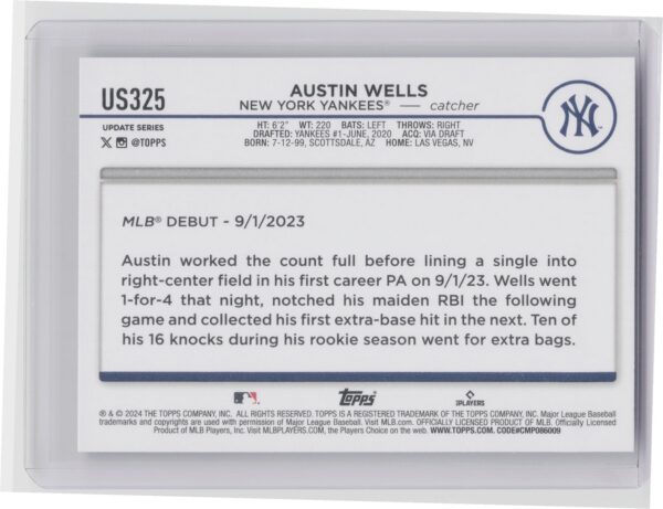 2024 Topps Update Austin Wells RC #US325 Yankees - Image 3