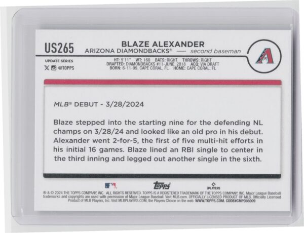 2024 Topps Update Blaze Alexander #US265 Diamondbacks - Image 3