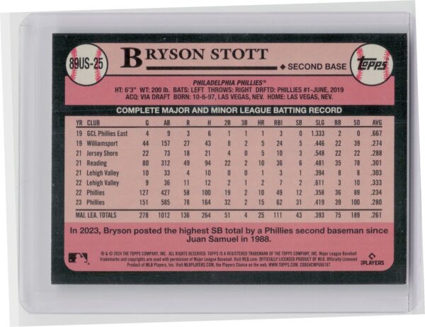 2024 Topps Update Bryson Stott #89US-25 Phillies 1989 Topps Baseball 35th Annive - Image 3
