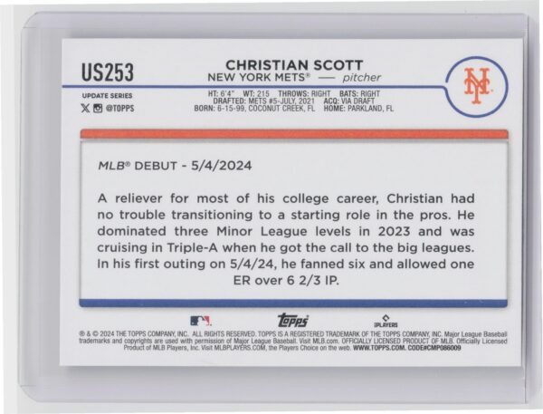 2024 Topps Update Christian Scott RC #US253 Mets - Image 3