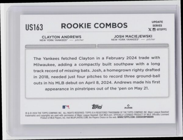 2024 Topps Update Clayton Andrews  / Josh Maciejewski RC #US163 Yankees - Image 3