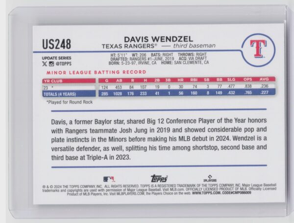 2024 Topps Update Davis Wendzel RC #US248 Rangers - Image 3