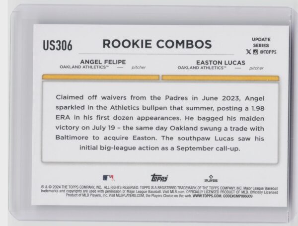 2024 Topps Update Easton Lucas  / Angel Felipe RC #US306 Athletics - Image 3