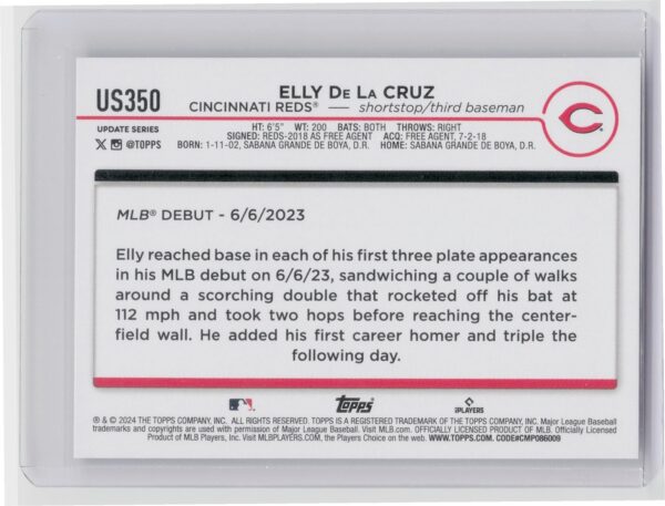 2024 Topps Update Elly De La Cruz RC #US350 Reds - Image 3