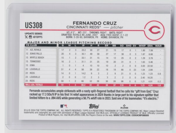 2024 Topps Update Fernando Cruz #US308 Reds - Image 3