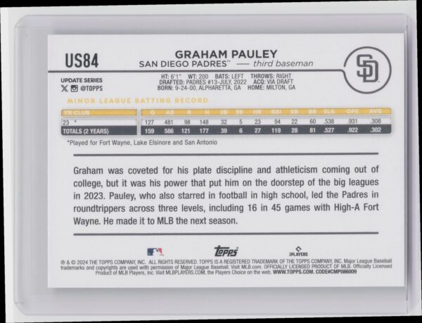 2024 Topps Update Graham Pauley RC #US84 Padres - Image 3